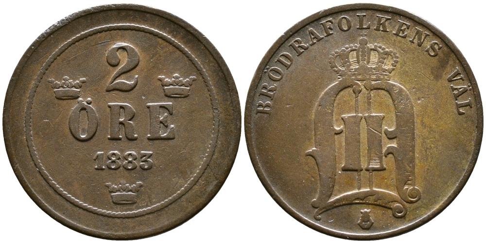 Швеция 2 эре 1883 Оскар II (1872-1907) король Швеции и Норвегии KM 746 (524) бронза 3458-217