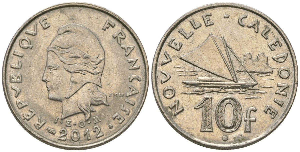 Французская Новая Каледония 10 франков 2012 рыбачья парусная лодка, (IEOM) KM 11a, Schoen 13a, Lec 99k медно-никель 65-657