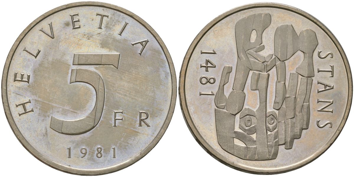 Швейцария 5 франков 1981 500 лет Станской Конвенции 1481 года KM 60 медно-никель  UNC  4593-1042