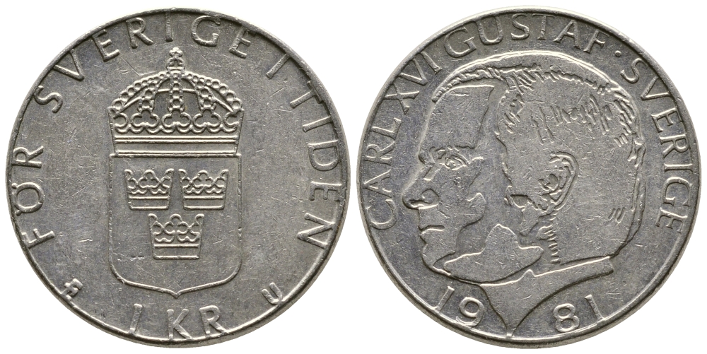 Швеция 1 крона 1981 Карл XVI Густав (1973- ) KM 852 медь плакированная медно-никелем 91-242