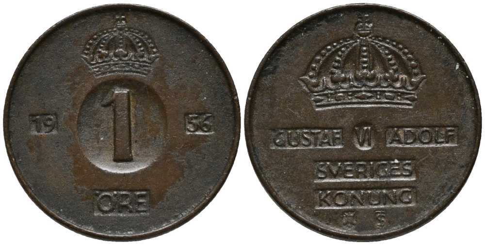Швеция 1 эре 1956 TS, Густав VI Адольф (1950-1973) KM 820 бронза 201-1144