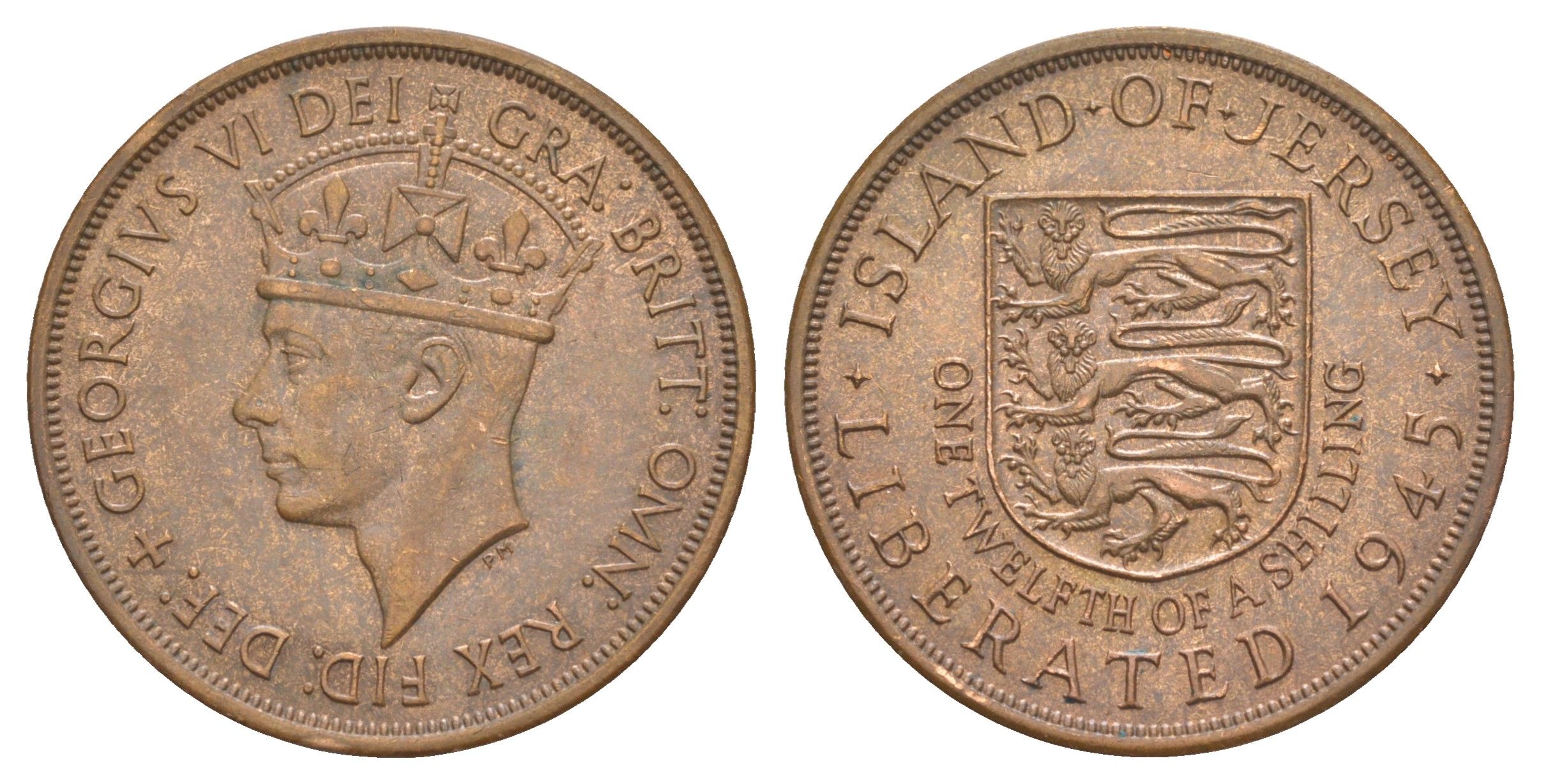 Джерси 1/12 шиллинга 1945 Освобождение (Король Георг VI) KM 19 бронза aUNC 4653-444