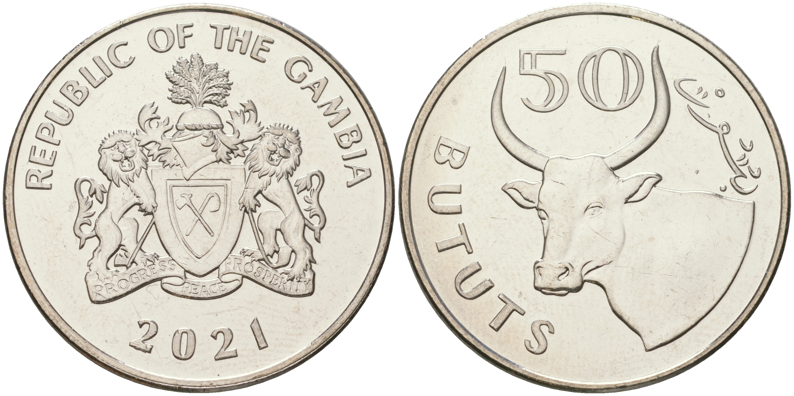 Гамбия 50 бутутов 2021 бык KM 58 a никелированная сталь  UNC  M27-06