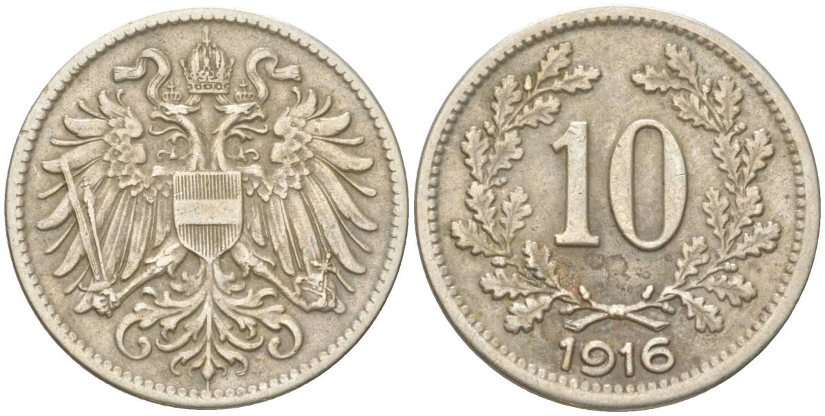 Австрия 10 геллеров 1916 Франц Иосиф I (1848-1916) KM 2825 медь цинк никель 4613-1161