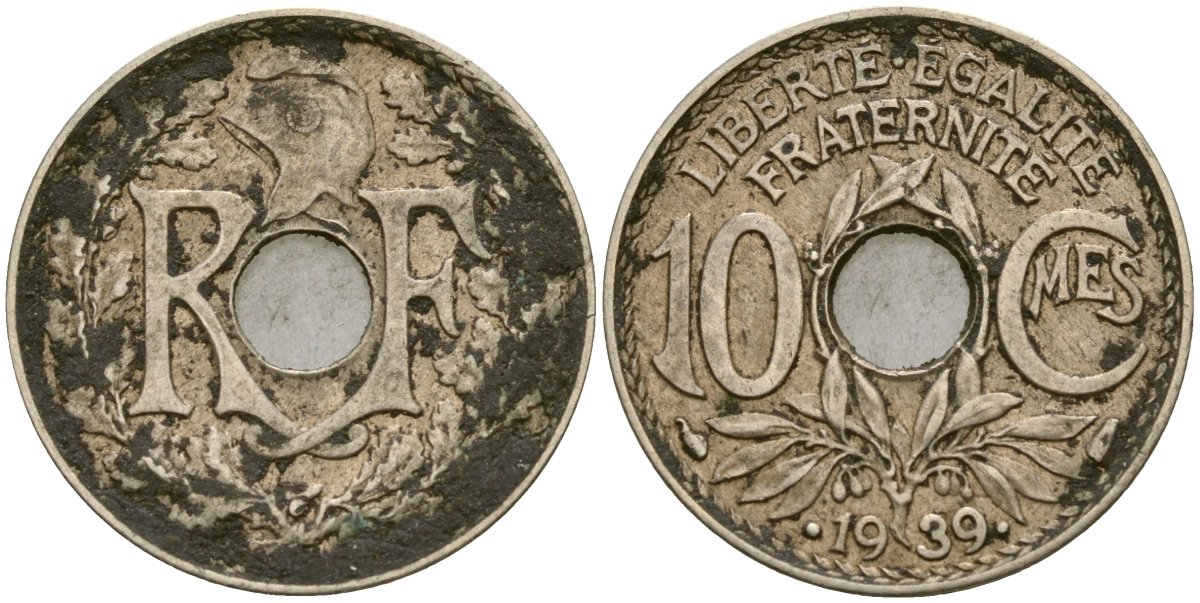 Франция 10 сантимов 1939 KM 899 никель бронза 51-2921