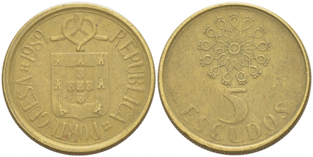 ПОРТУГАЛИЯ 5 ЭСКУДО 1989 KM 632 никель латунь 77-746