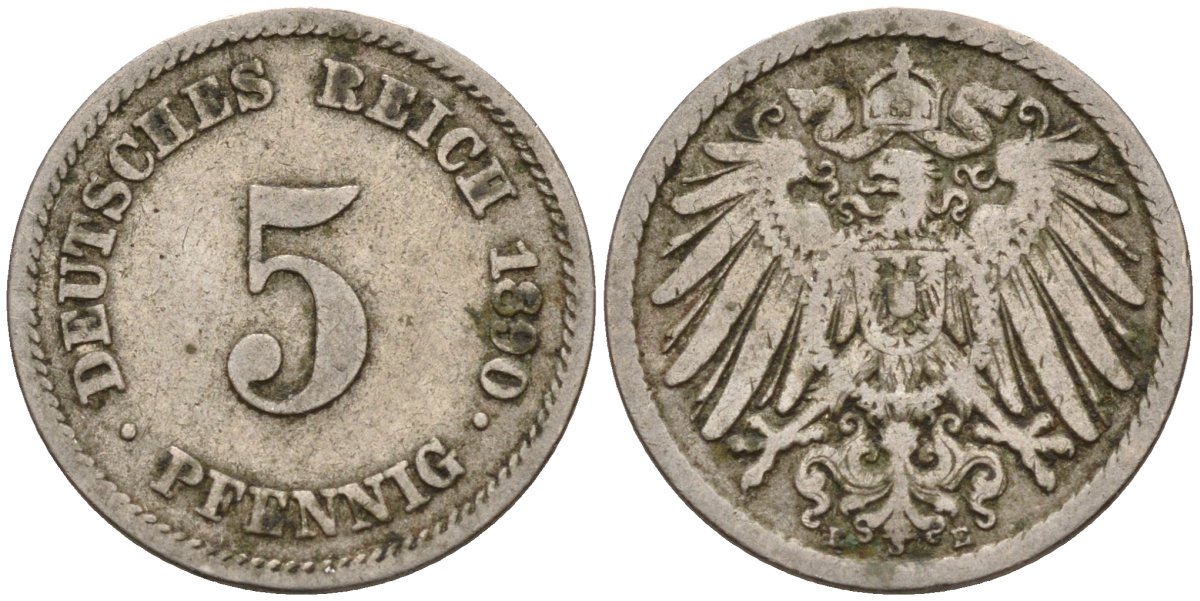 Германия 5 пфеннигов 1890 E KM 11, J. 12 медно-никель 4151-364