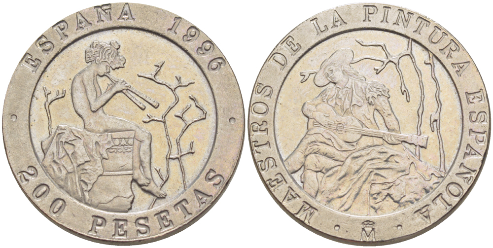 ИСПАНИЯ 200 ПЕСЕТ 1996 МАРИАНО ФОРТУНИ И РАМОН БАЙЕУ, ИСПАНСКИЕ ХУДОЖНИКИ KM 965 медно-никель 4185-915