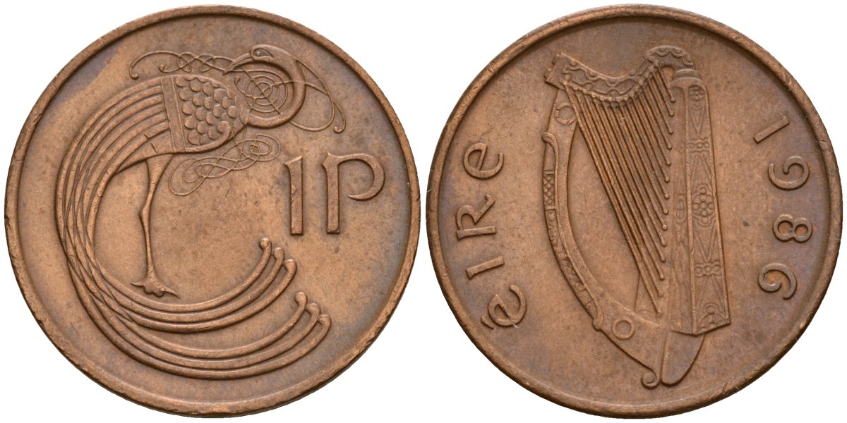 Ирландия 1 пенни 1986 мифологическая птица лира KM 20 бронза 4141-236