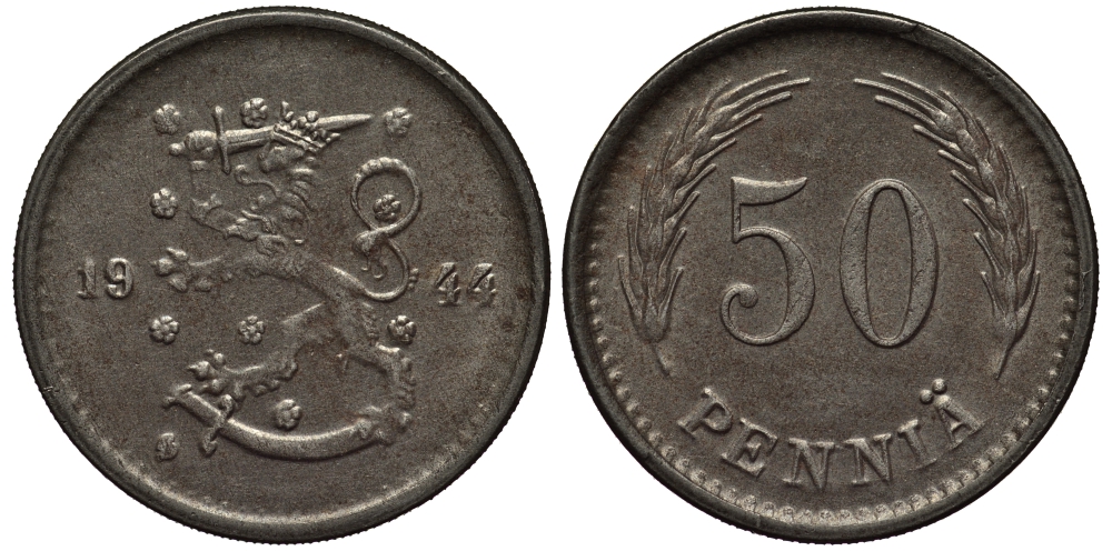ФИНЛЯНДИЯ 50 ПЕННИ 1944 S KM 26b железо 1527-843
