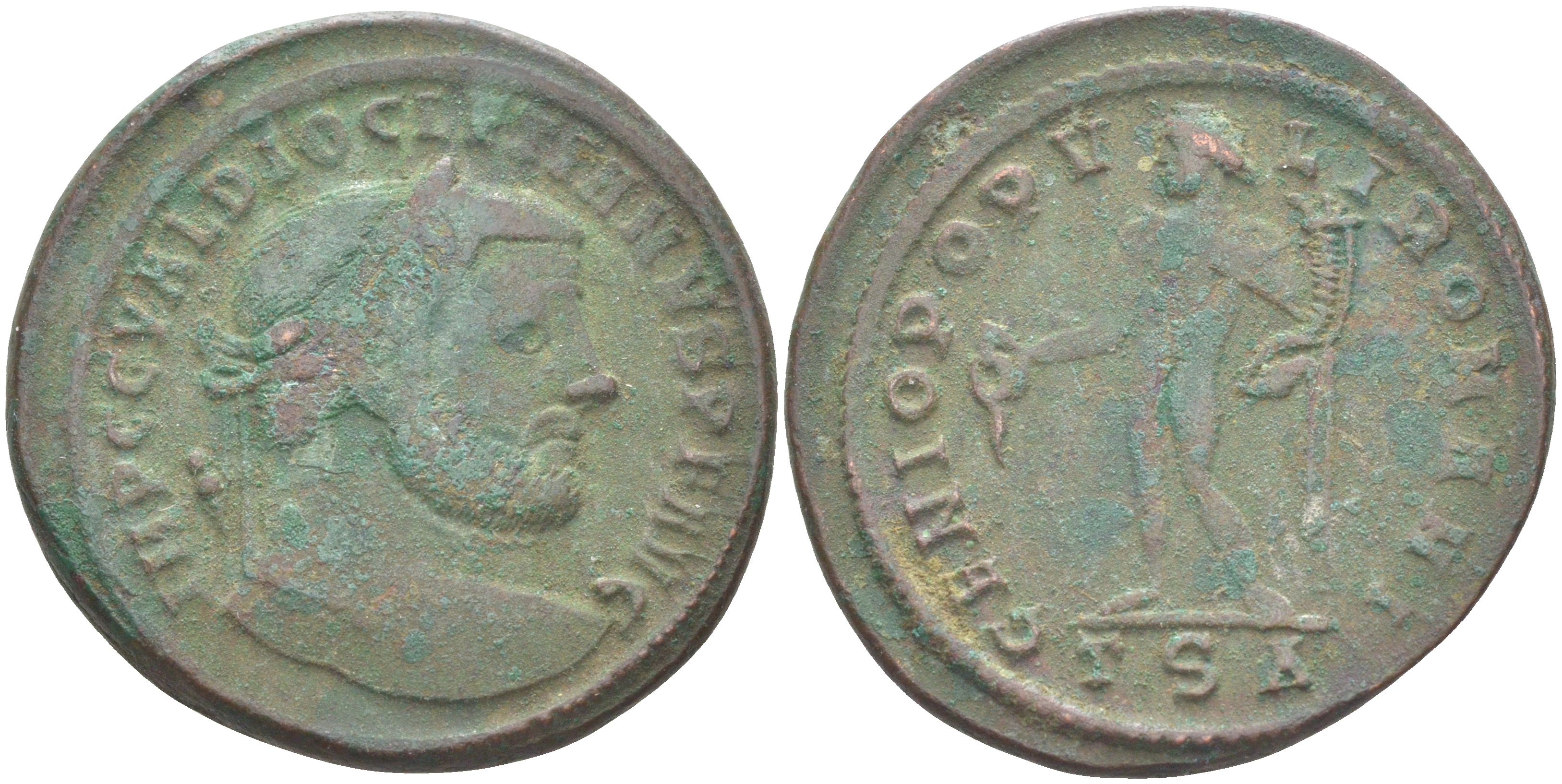 Римская Империя нуммий 298 - 299 Диоклетиан, бюст императора, IMP C C VAL DIOCLETIANVS P F AVG / Гений Римского народа, GENIO POPVLI ROMANI TSA, Фессалоника RIC 19а биллон 1073-23-14