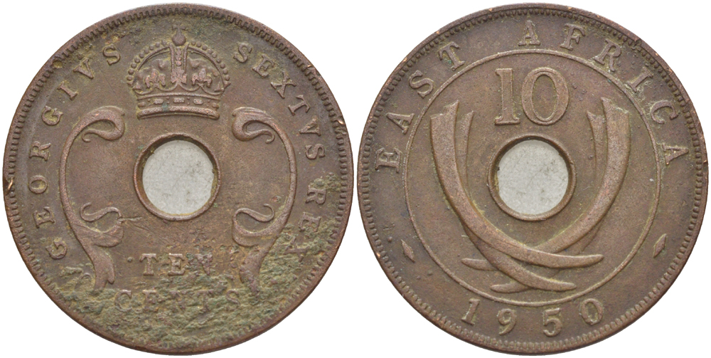 Британская Восточная Африка 10 центов 1950 Георг VI (1936-1952) KM 34 бронза 3333-1214