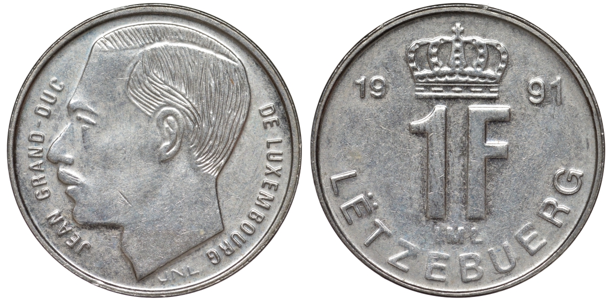 Люксембург 1 франк 1991 малый формат KM 63 сталь плакированная никелем 4532-644