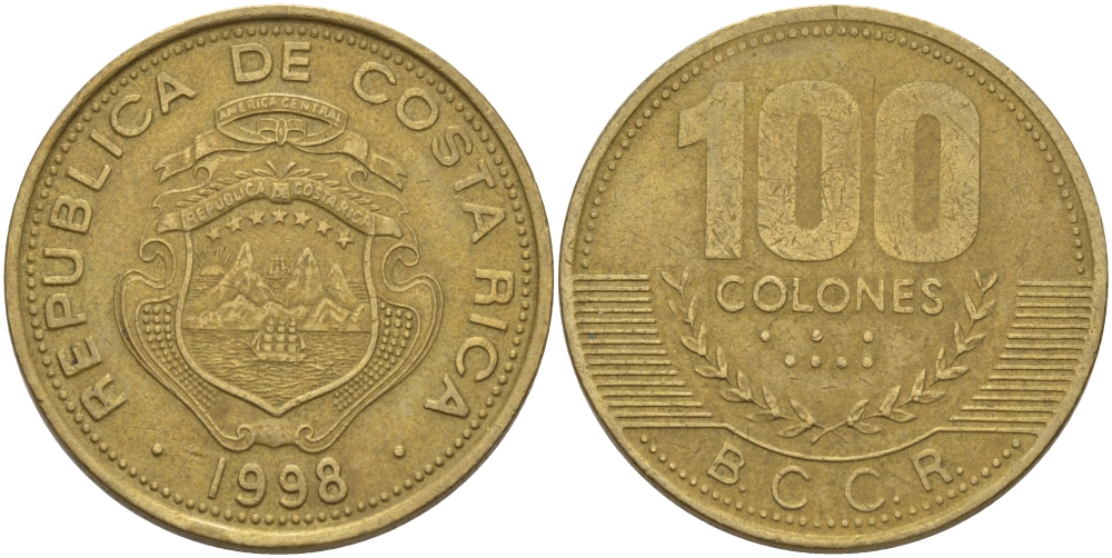 Коста-Рика 100 колон 1998 B.C.C.R. KM 230а латунь 82-242