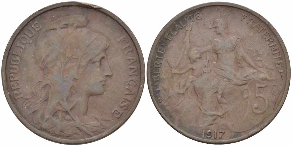 ФРАНЦИЯ 5 САНТИМОВ 1917 ТИП ДАНИЭЛЬ ДЮПЮИ KM 842, LE FRANC 119.30 бронза 108-1022
