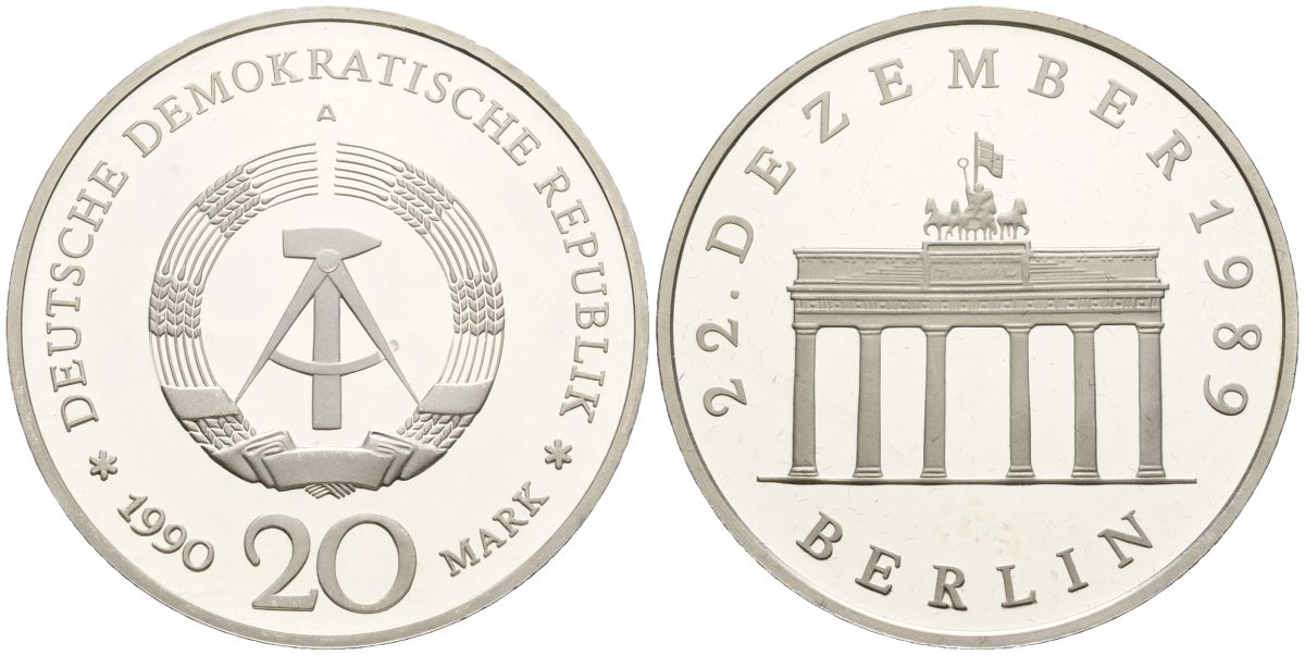 ГДР 20 марок 1990 A, Бранденбургские Ворота в Берлине KM 139a серебро PROOF 11-162-41