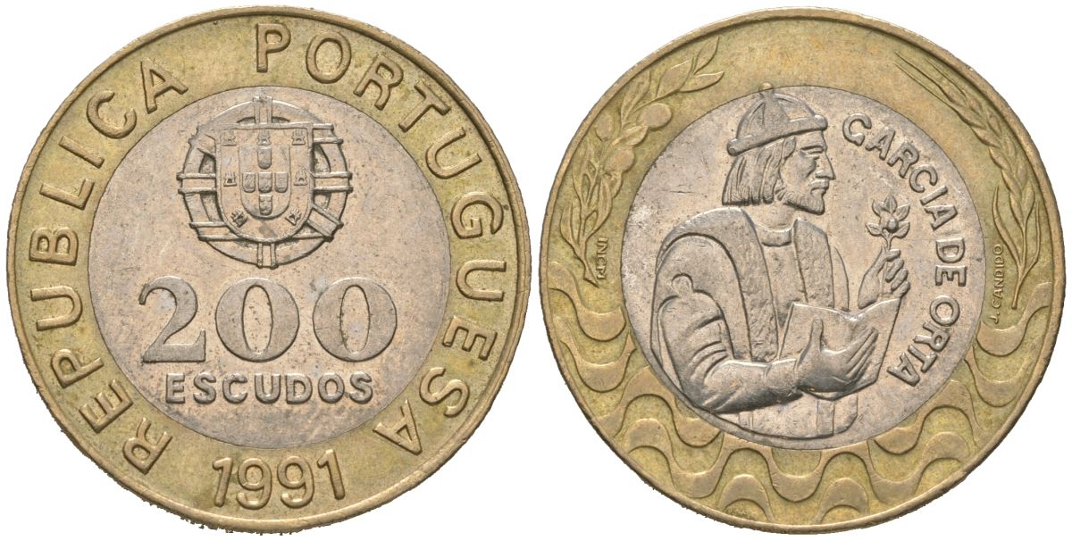 Португалия 200 эскудо 1991 Гарсия Де Орта (1501-1568) KM 655 биметалл aUNC 4619-721
