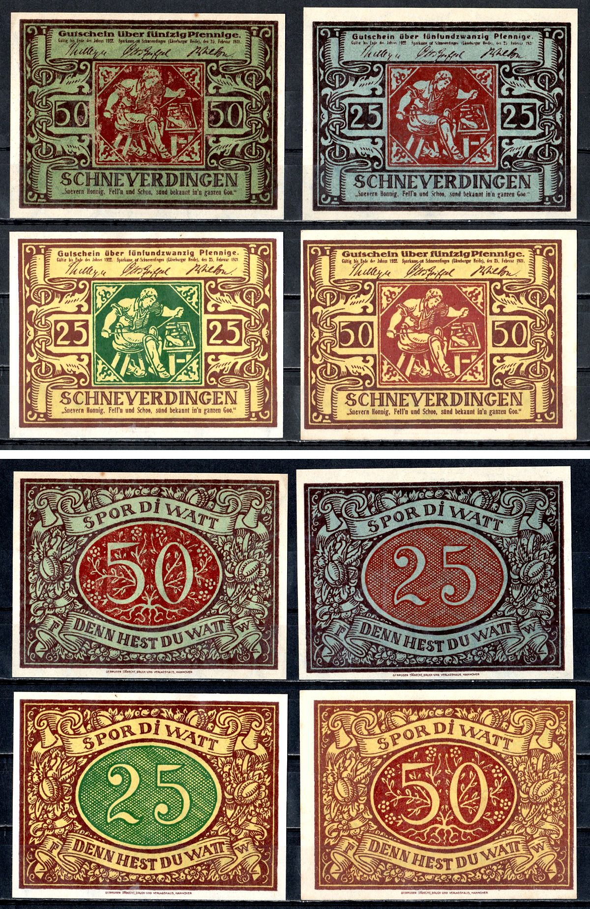 Шневердинген (Пруссия, Ганновер) полный набор из 2 нотгельдов (25 и 50 пфеннигов) 1921 Mehl Grabowski 1193.1 и 2 бумага UNC (пресс) 7556-59-3-1