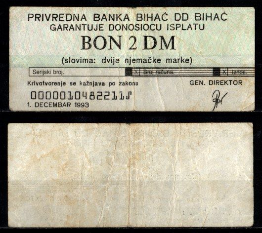 Босния и Герцеговина 5 марок 1993 ваучер используемый в военном округе Бихач. бумага 8601-10-3-2