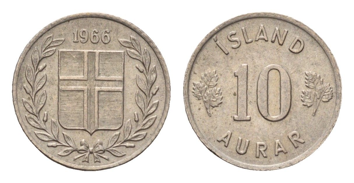 Исландия 10 эйре 1966 KM 10 медно-никель aUNC 4690-719