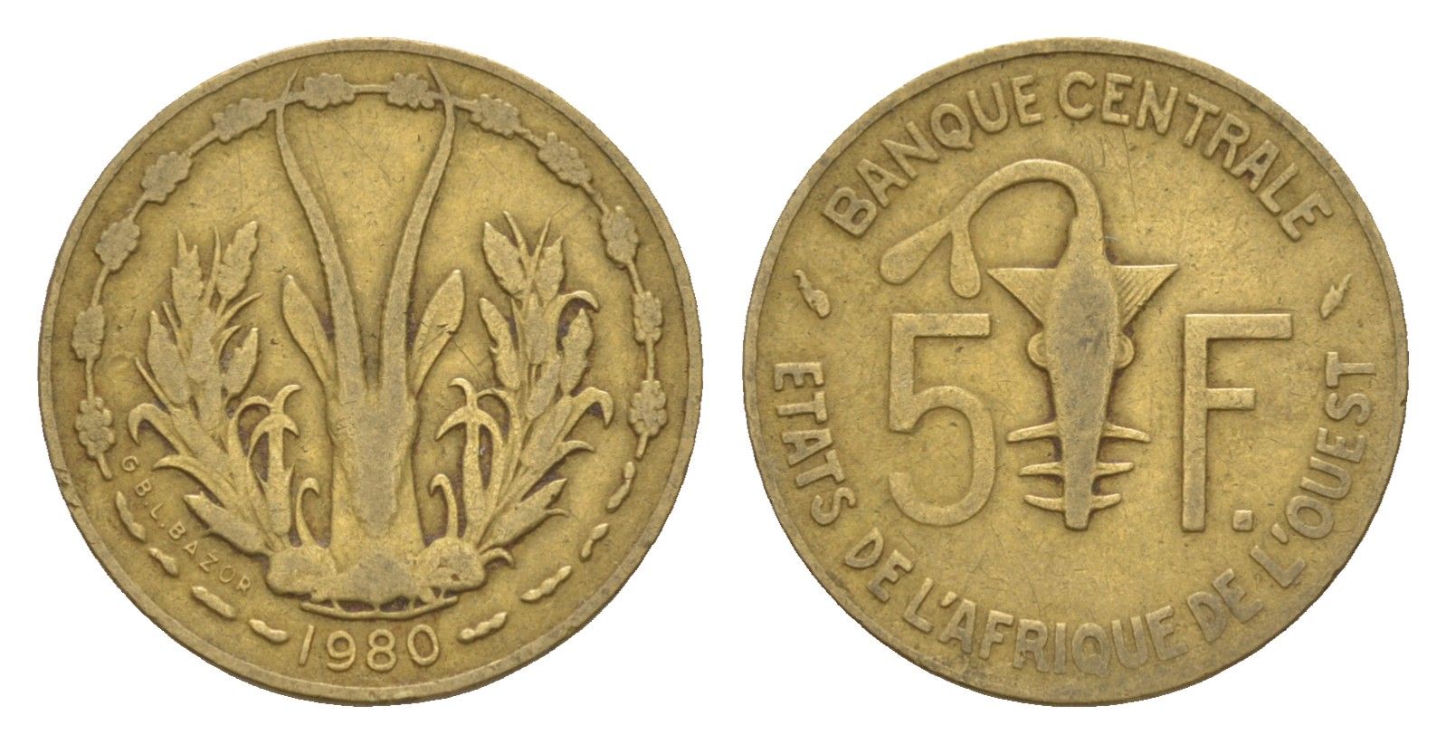 Западная Африка (BCEAO) 5 франков 1980 KM 2a медь алюминий никель 4655-814