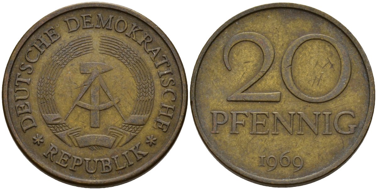 ГДР 20 пфеннигов 1969 A, первый год KM 11 латунь 95-545