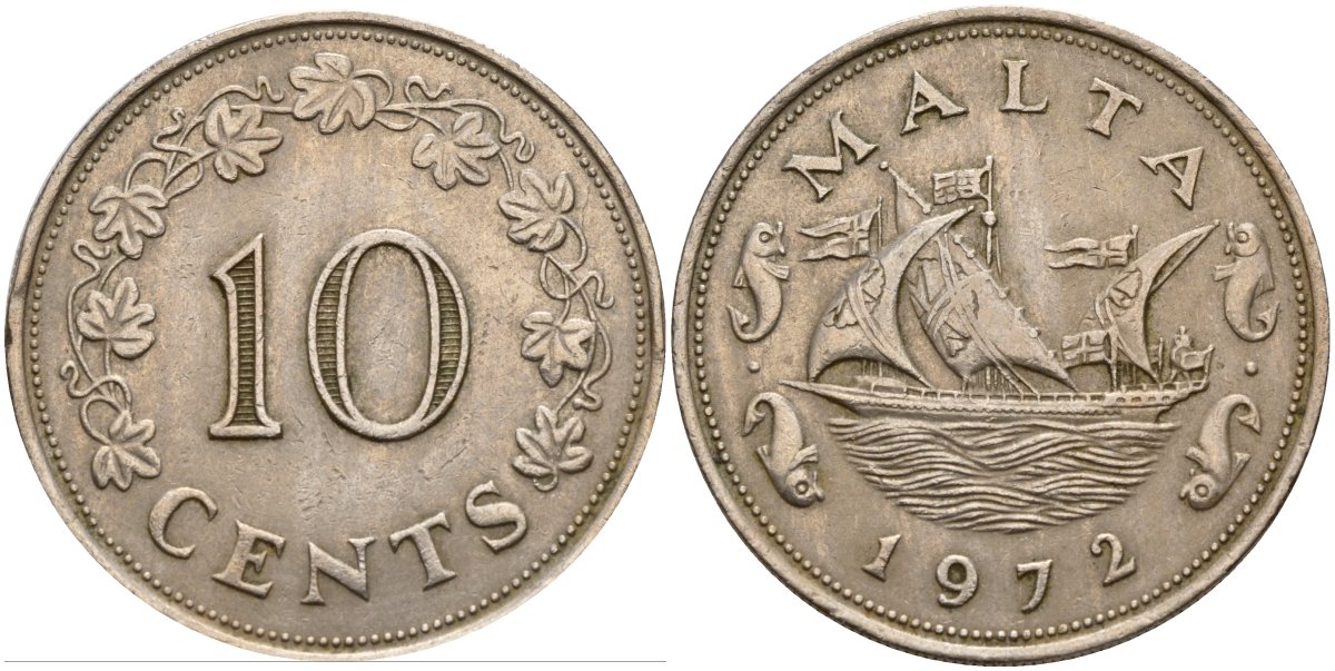 Мальта 10 центов 1972 баржа Великого магистра KM 11 медно-никель 4179-1321