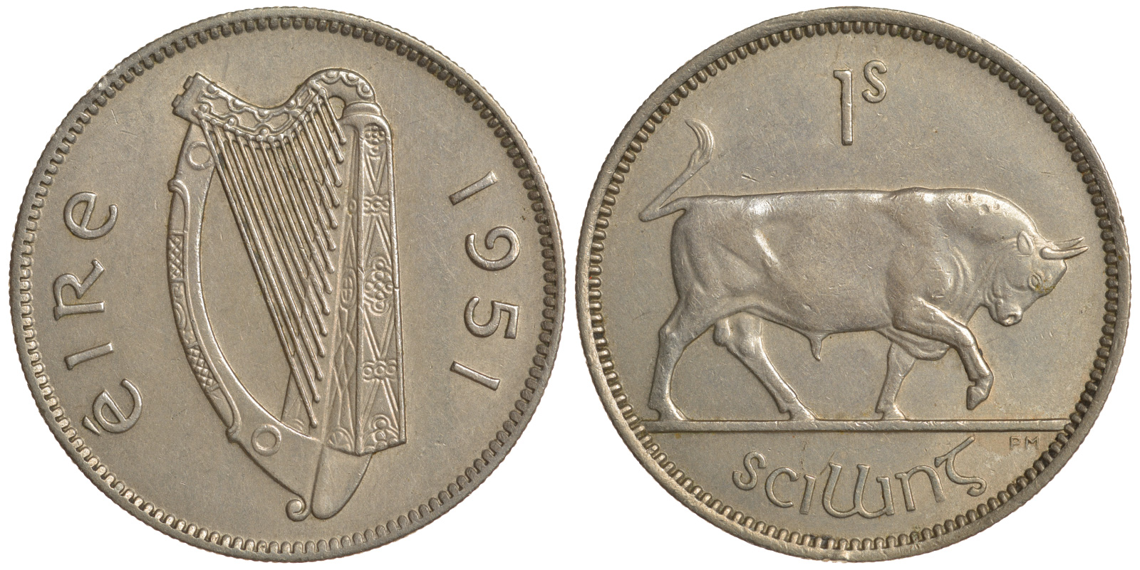 ИРЛАНДИЯ 1 ШИЛЛИНГ 1951 БЫК KM 14a медно-никель 4390-315