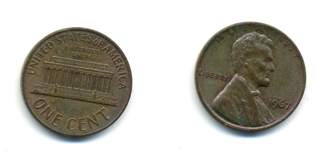 США 1 ЦЕНТ 1967 ЛИНКОЛЬН KM 201 медь цинк 80-745