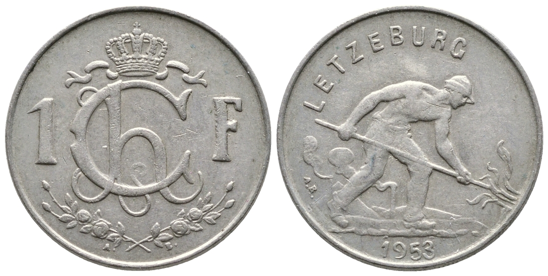 ЛЮКСЕМБУРГ 1 ФРАНК 1953 СТАЛЕВАР KM 46.2 медно-никель 53-1146