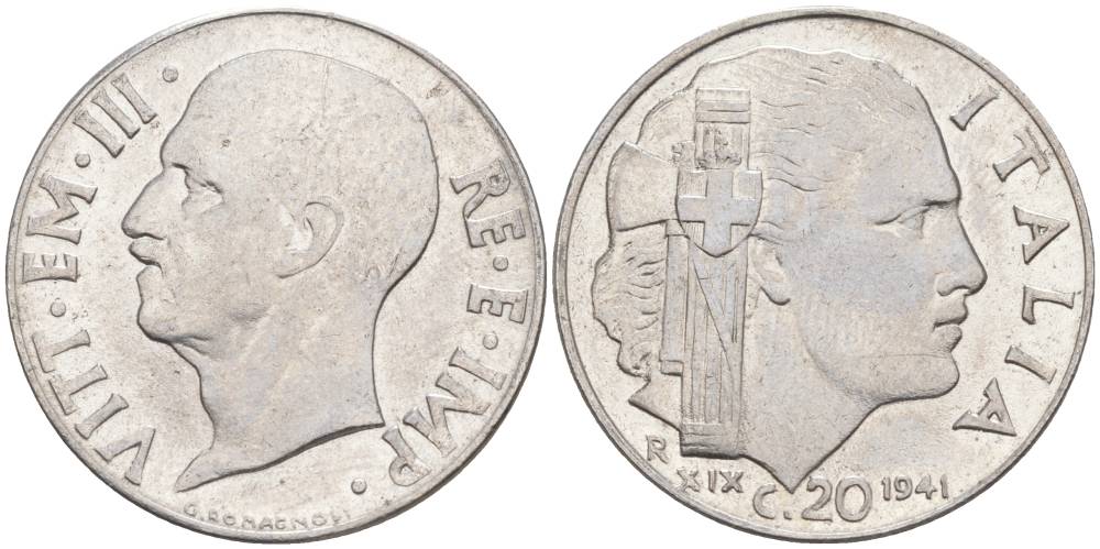 ИТАЛИЯ 20 ЧЕНТЕЗИМО 1941 R, ГОД XIX, ВИКТОР ЭММАНУИЛ III (1900-1946) KM 75b, VEM3. 1028 нержавеющая сталь 3853-857