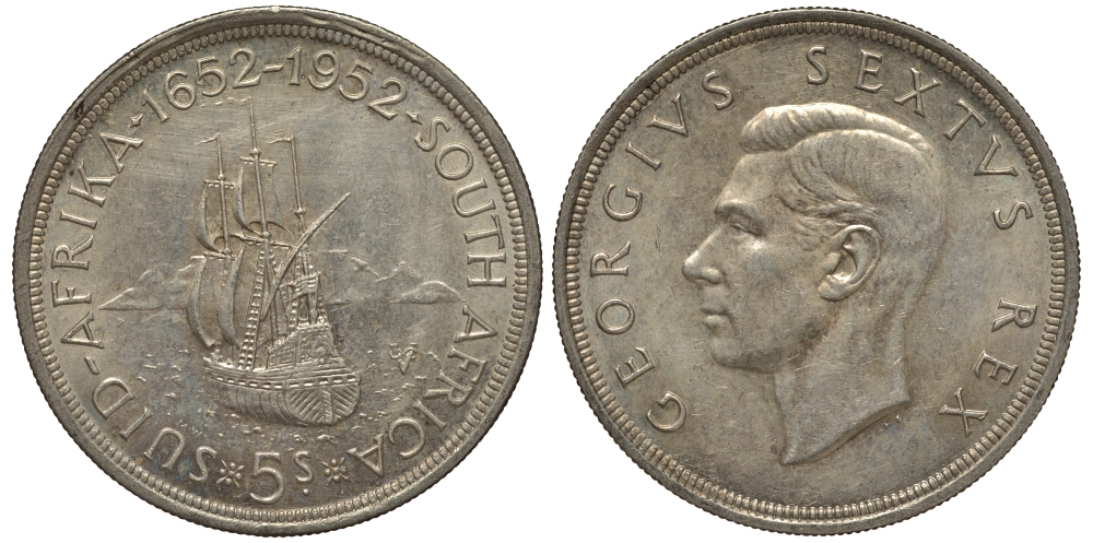 ЮАР 5 шиллингов 1952 Георг VI (1937-1952), 300 лет основания Кейптауна, парусник KM 41 серебро 650-341