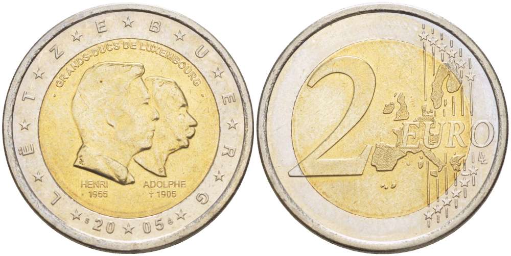 Люксембург 2 евро 2005 50-лет правящему монарху Анри Нассау, 100-летие со дня смерти герцога Люксембургского Адольфа KM 87 биметалл UNC 4517-726