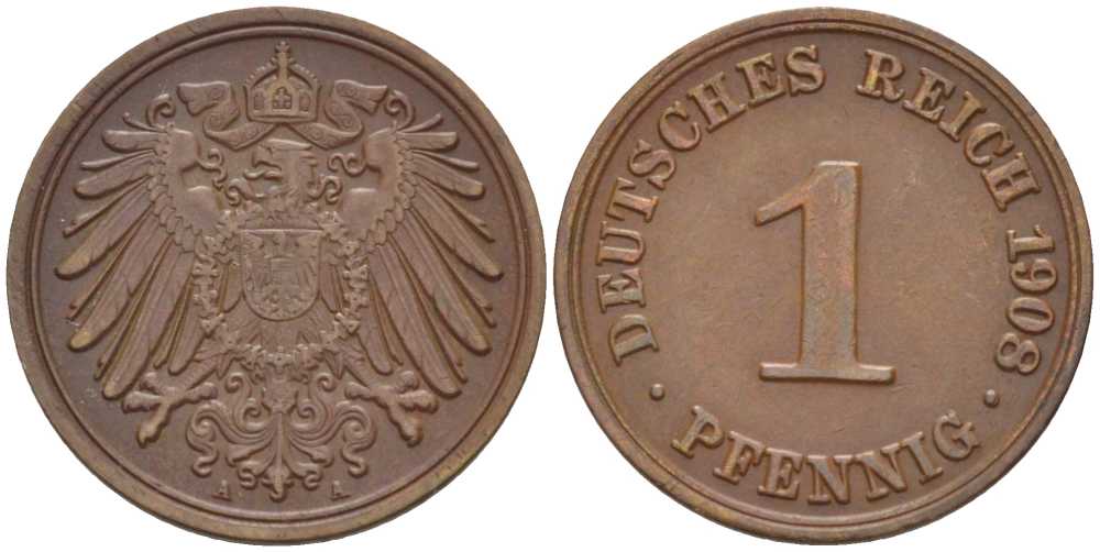 ГЕРМАНИЯ 1 ПФЕННИГ 1908 A KM 10, J. 10, Weege 2 медь 211-525