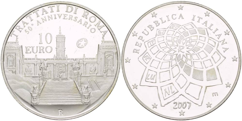 Италия 10 евро 2007 50 лет Римскому договору KM 295 серебро PROOF 1087-7-21