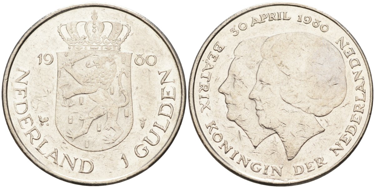 Нидерланды 1 гульден 1980 Коронация Беатрикс 30 апреля 1980 KM 200 никель 4575-1214