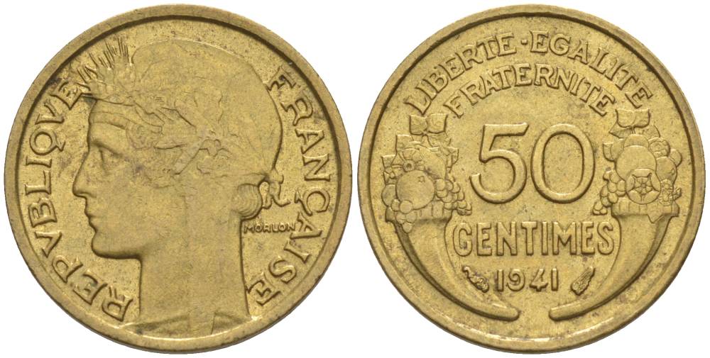 ФРАНЦИЯ 50 САНТИМОВ 1941 ТИП MORLON KM 894.1, LE FRANC 192.18 алюминиевая бронза 44-638