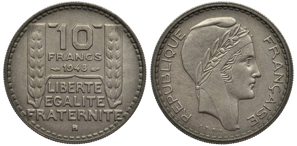 Франция 10 франков 1948 В, тип Пьер Турин KM 909.2, Le Franc 362.4 медно-никель 27-832