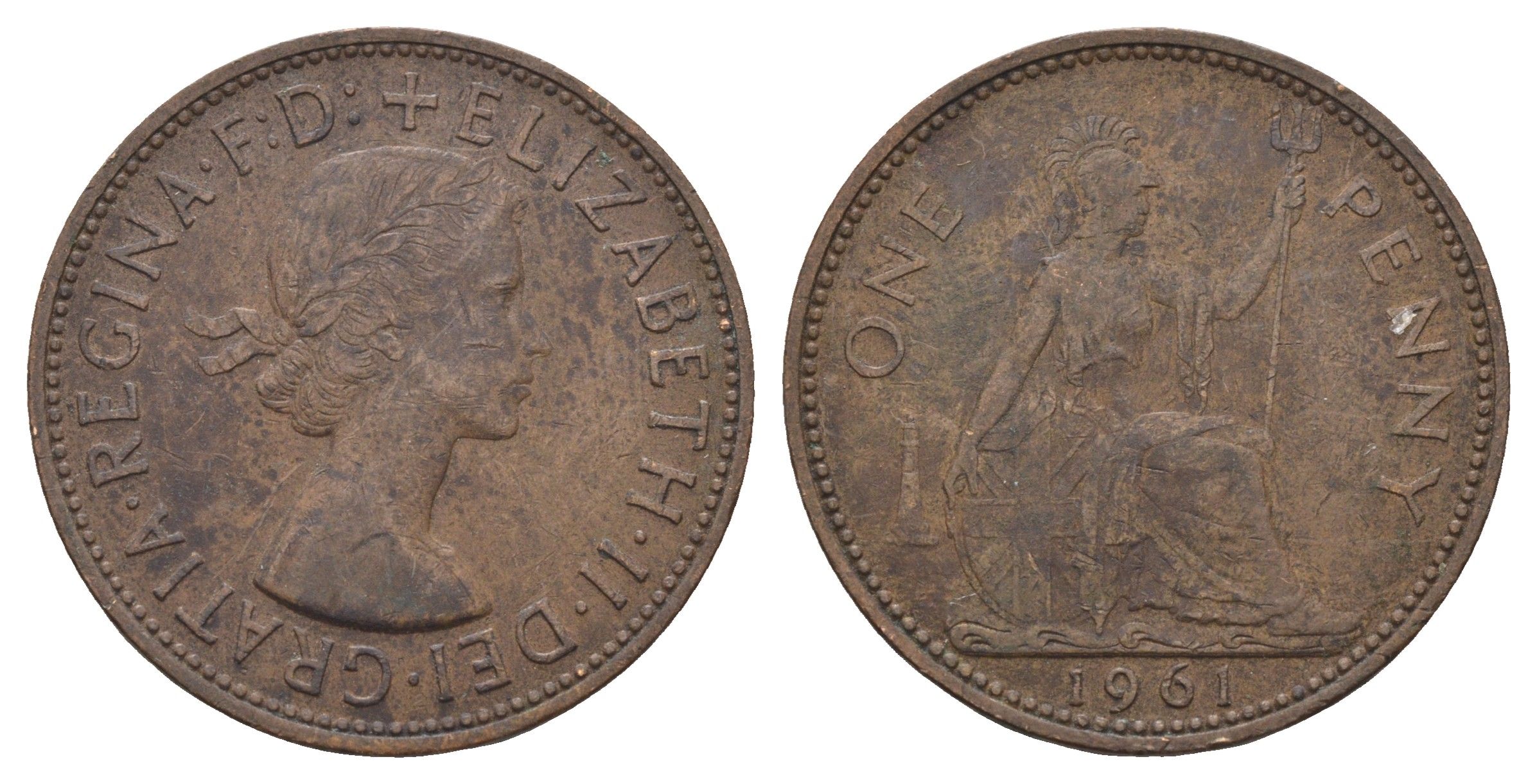 Великобритания 1 пенни 1961 Елизавета II (1952-2022) KM 897, Spink 4157 бронза 4661-841