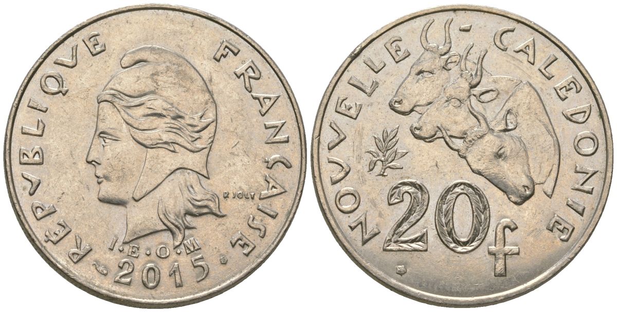 Французская Новая Каледония 20 франков 2015 три быка, (IEOM) KM 12a, Schoen 14a, Lec 115j медно-никель 84-1144