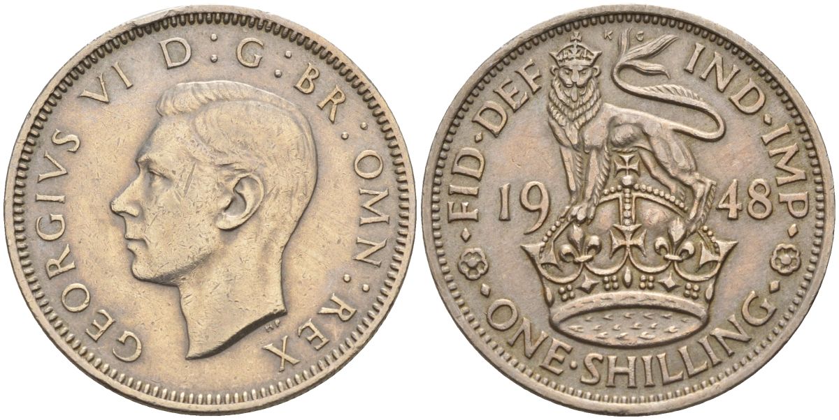 Великобритания 1 шиллинг 1948 Георг VI (1936-1952), Английский шиллинг KM 863, Spink 4103 медно-никель 4153-853