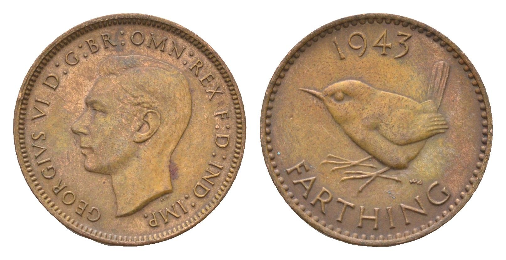 Великобритания 1 фартинг 1943 Георг VI (1936-1952) KM 843, Spink 4116 бронза 4664-346