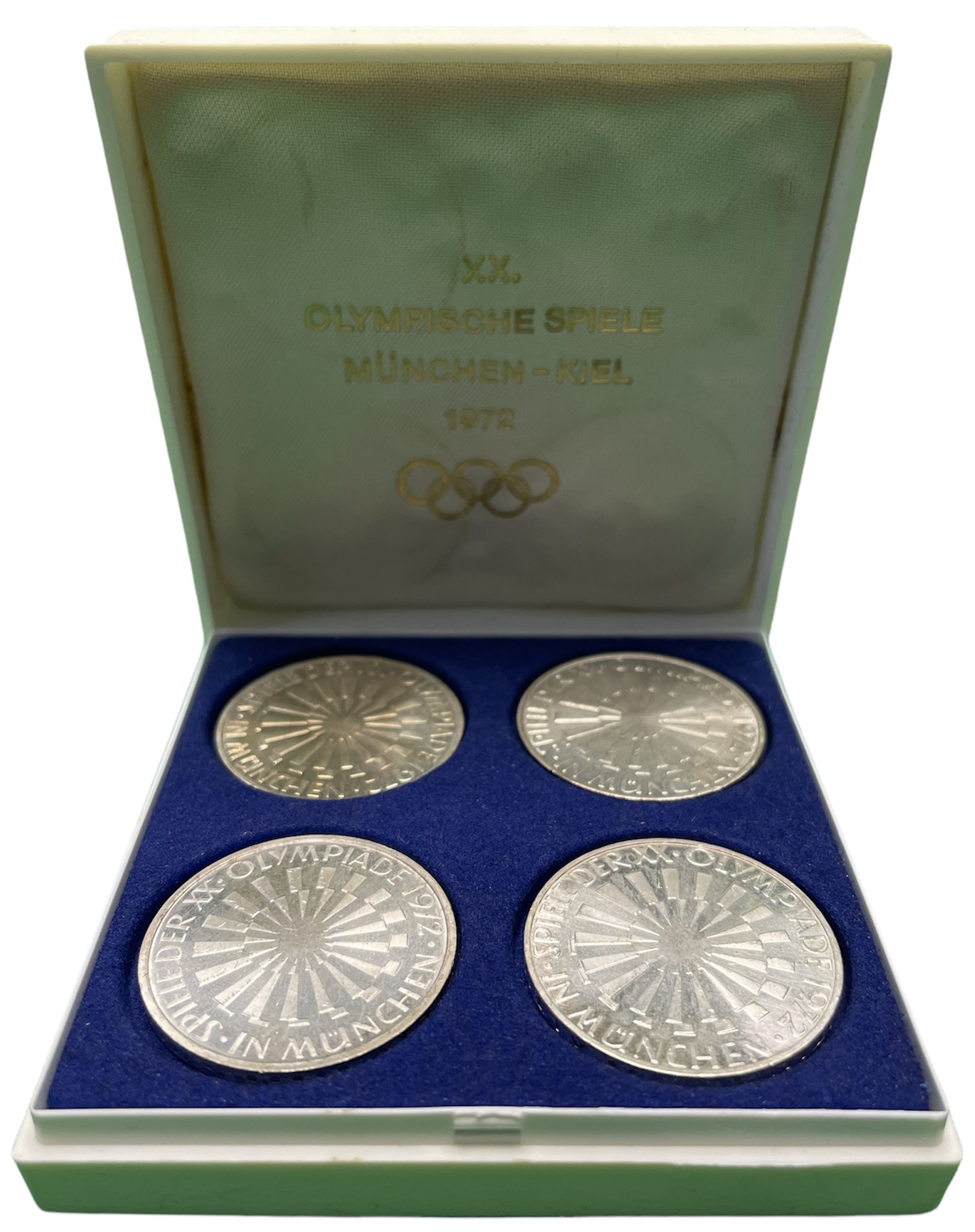 ФРГ набор из 4 монет по 10 марок 1972 XX Олимпийские игры 1972 года в Мюнхене, спираль (F, J, D, G), коробка KM 134.1, J. 401b серебро UNC 3-4-7-27