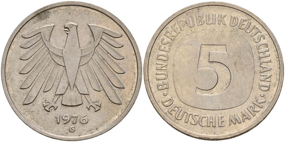 ФРГ 5 марок 1976 G KM 140.1, J. 415 медно-никель 4157-236