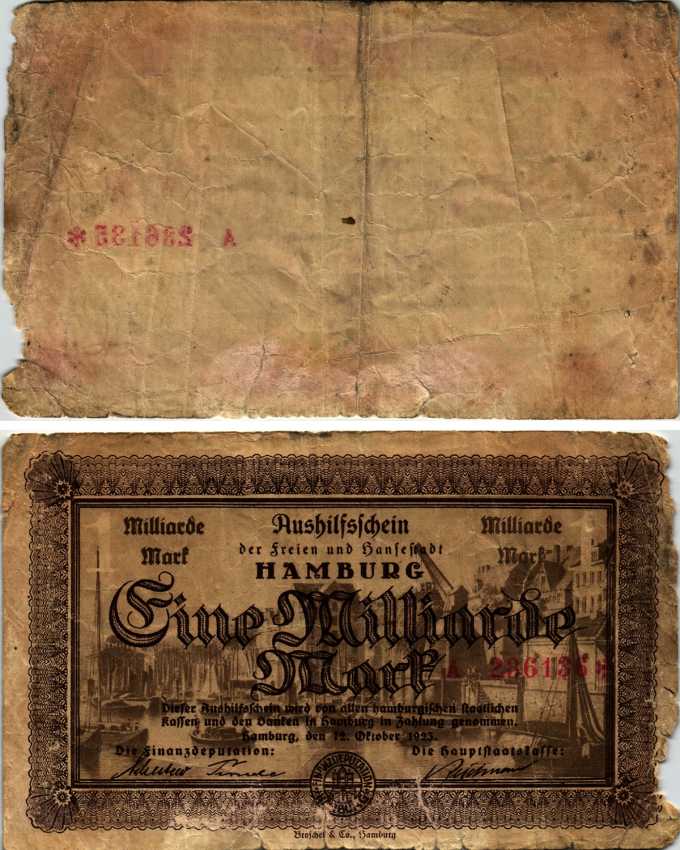 ГЕРМАНИЯ 1000000000 МАРОК 1923 ГАМБУРГ, 12 ОКТЯБРЯ 1923, НОТГЕЛЬД бумага 6299-1-2-1