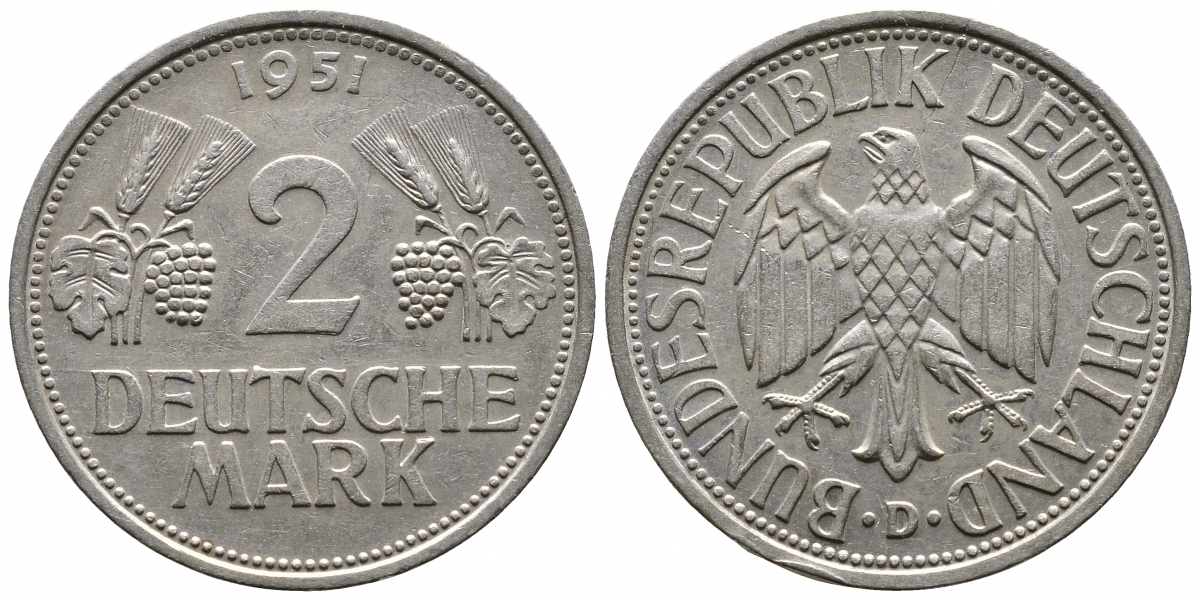 ФРГ 2 марки 1951 D J 386, KM 111 медно-никель плакированный никелем 413-2212