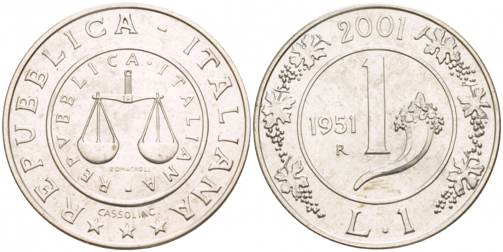 Италия 1 лира 2001 R, история лиры, весы, рог изобилия KM 220 серебро UNC 02-117-44