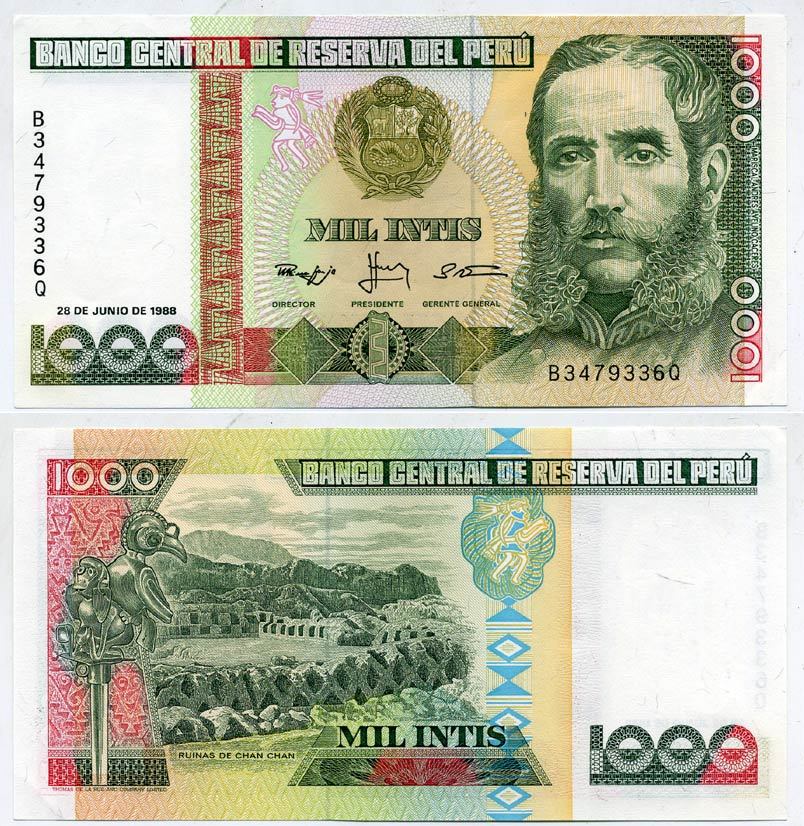 Перу 1000 инти 1988 Андрес Авелино Касерес, руины Чан-Чан Pick 136 b бумага UNC (пресс) 2192-60-3