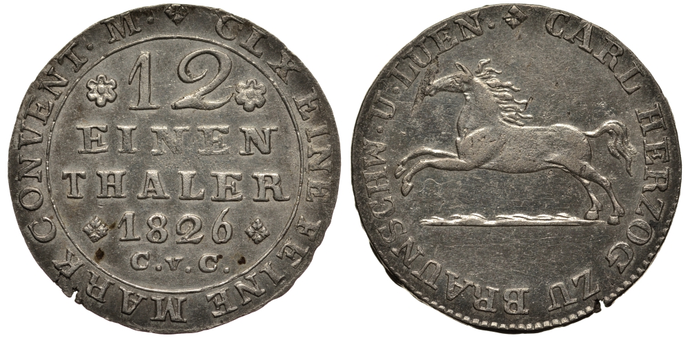 БРАУНШВЕЙГ - ВОЛЬФЕНБЮТЕЛЬ 1/12 ТАЛЕРА 1826 CvC, КАРЛ II (1823-1830) KM 1104 серебро 1517-734