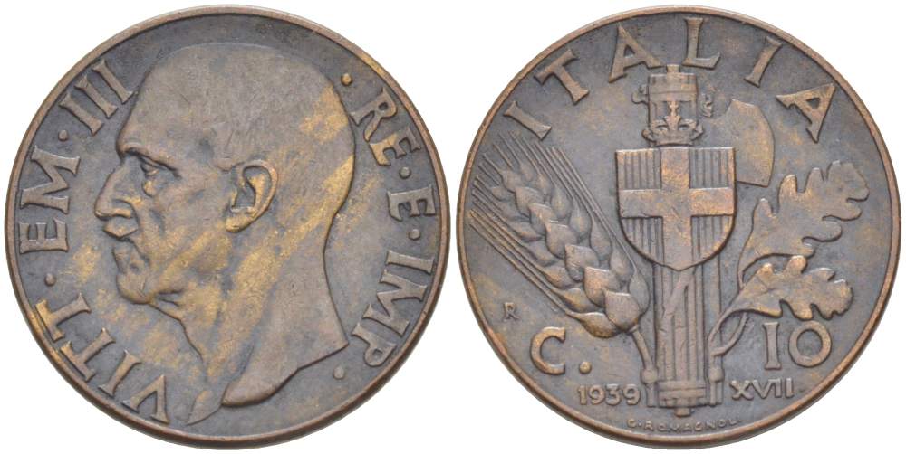 ИТАЛИЯ 10 ЧЕНТЕЗИМО 1939 R, ГОД XVII, МОНДВОР РИМ, ВИКТОР ЭММАНУИЛ III (1900-1946) KM 74 медь 4525-214